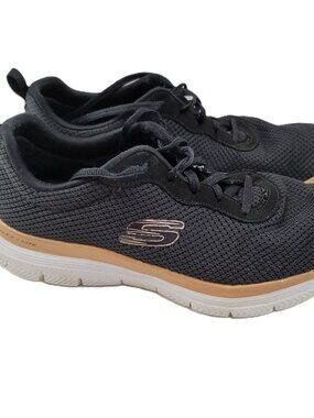 Skechers Flex-Lite Shoes Womens 7.5 Black Tan Walking Running Sneakers Lace-up